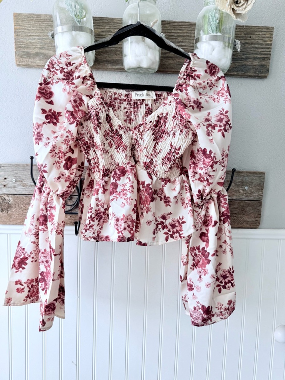 Peach Love California Cream and Rose Floral Smocked Puff-Sleeve Top